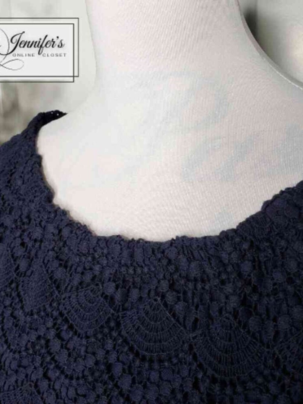 Women's Navy Blue Scoop Neck Short Sleeve Lace Crochet Top Size L - Picture 3 of 5